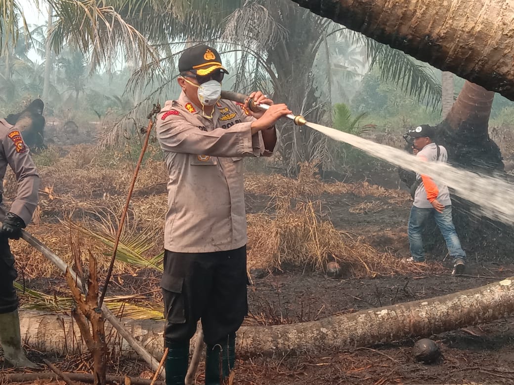 Kebakaran Hutan di Kecamatan Kateman, Kapolres Inhil Berjibaku Padamkan Api
