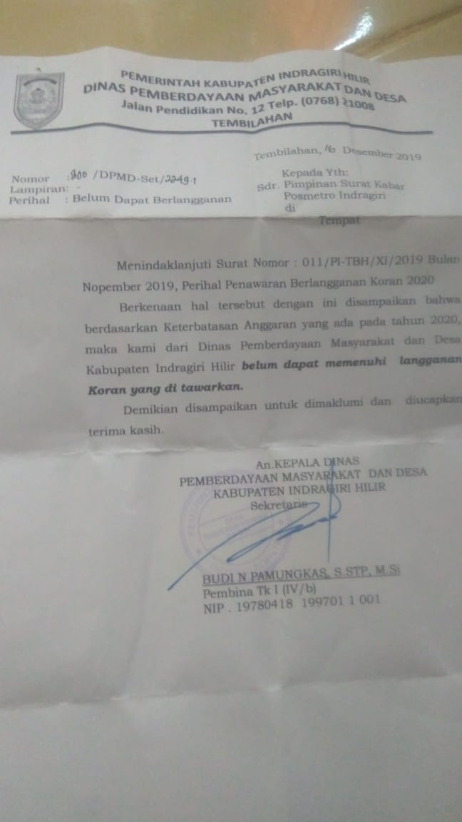 Diduga Bermasalah, Langganan Koran Dinas PMD Inhil Dipertanyakan