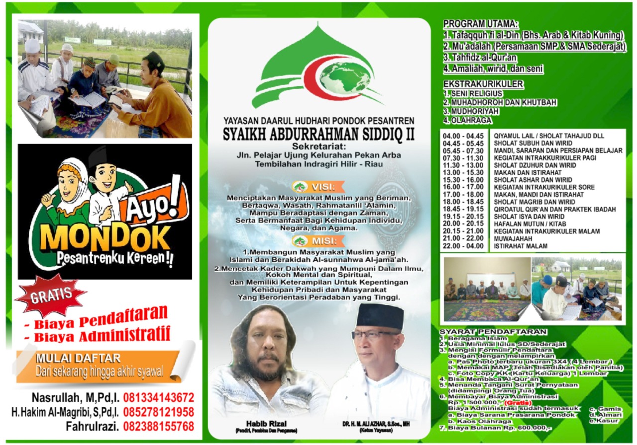 Yayasan Daarul Hudhari Indragiri Pondok Pesantren Syekh Abdurahman Sidiq II,Menerima Santri Baru Tahun Ajaran 2020/2021