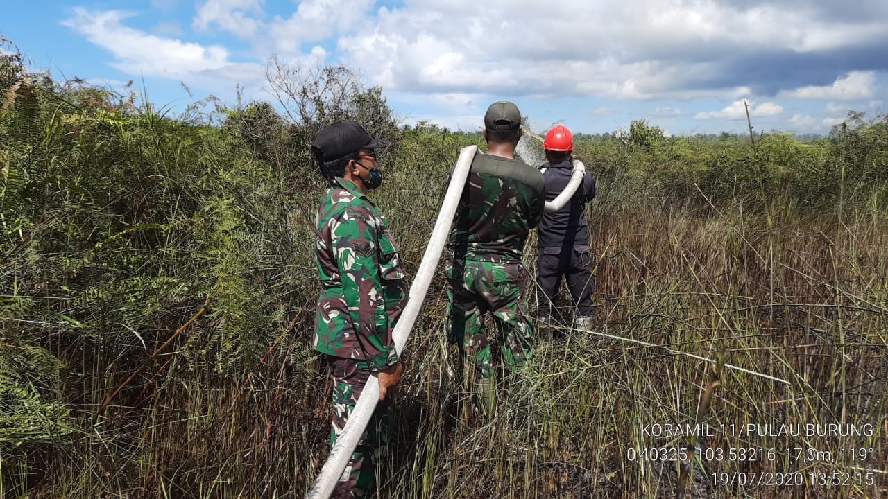 Babinsa Koramil 11 Pulau Burung Bertindak Cepat menjinakkan api di Lahan seluas 1,5 Hektar