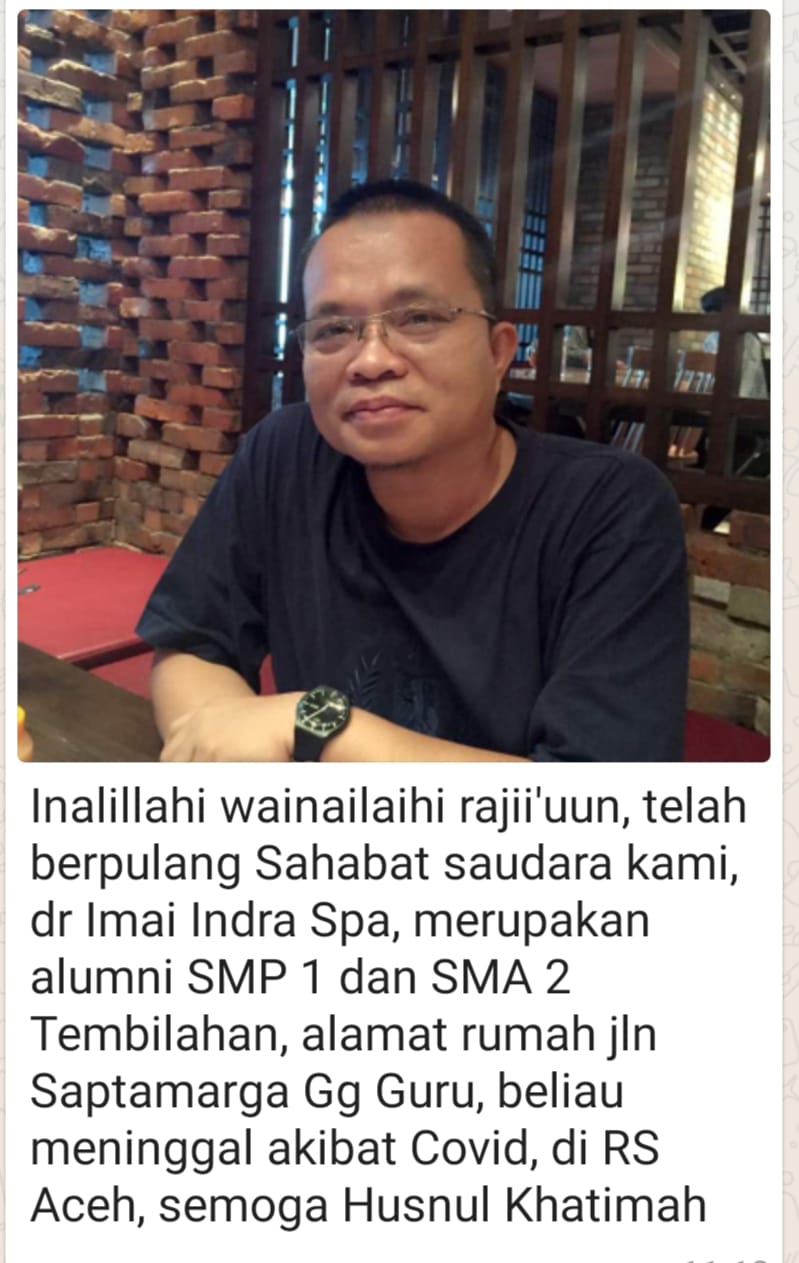 dr Imai Indra SpAN, putra terbaik Inhil Gugur Melawan Covid di Rumah Sakit Umum dr.Zainoel Abidim Banda Aceh