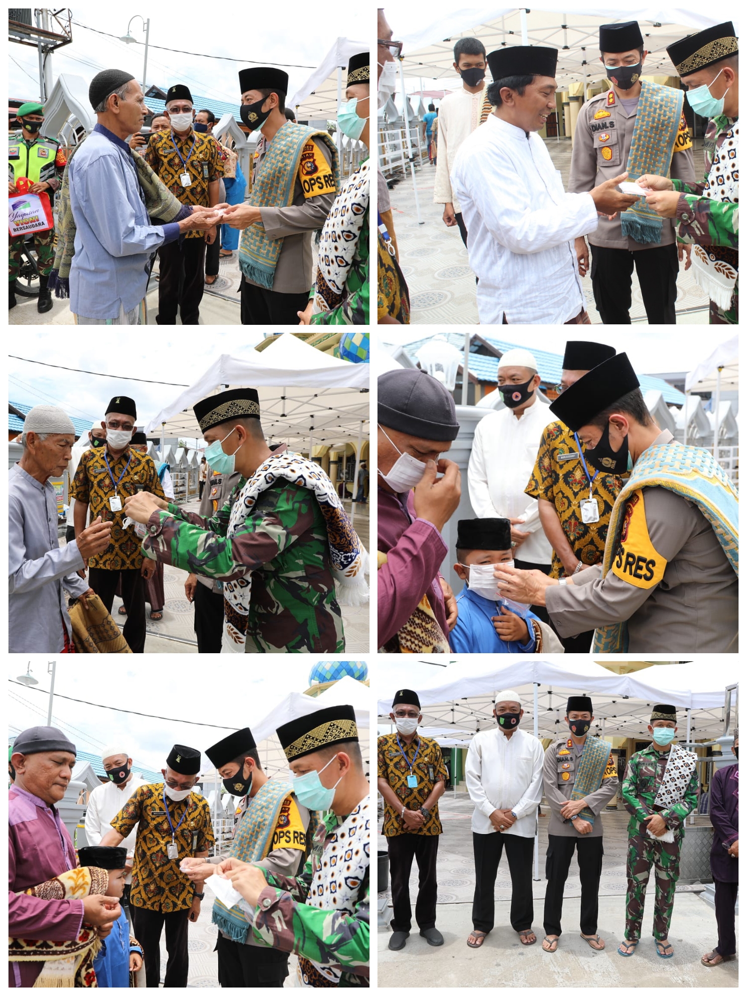 Dandim 0314/Inhil dan Kapolres Inhil Bagikan 200 Masker Gratis kepada Jamaah Masjid