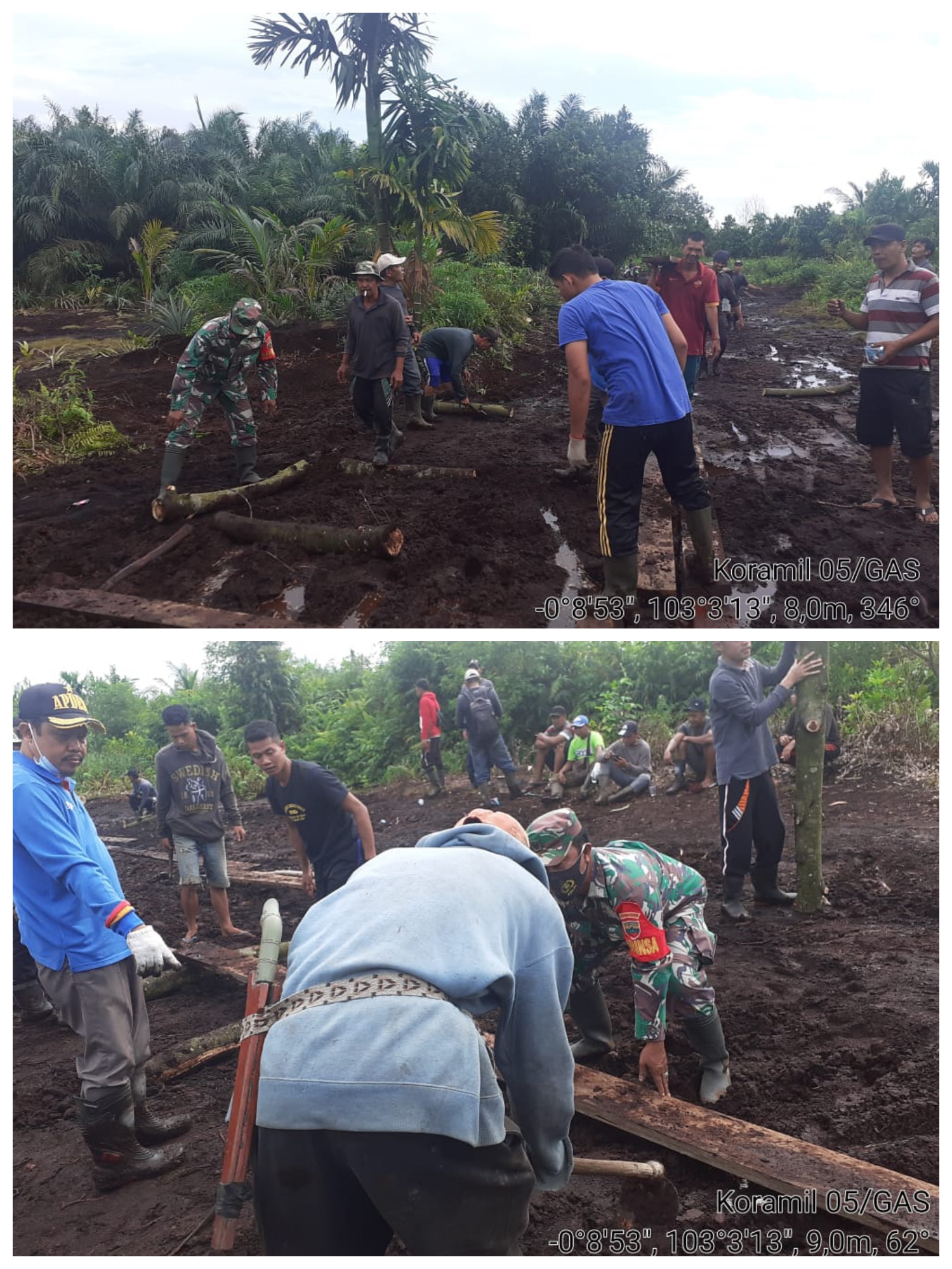 Babinsa Gembira Sertu Sugeng Wahyudi Koramil 05/ Gas Kodim 0314/Inhil beserta Pemdes Gembira melaksanakan Gotong Royong perbaikan jalan