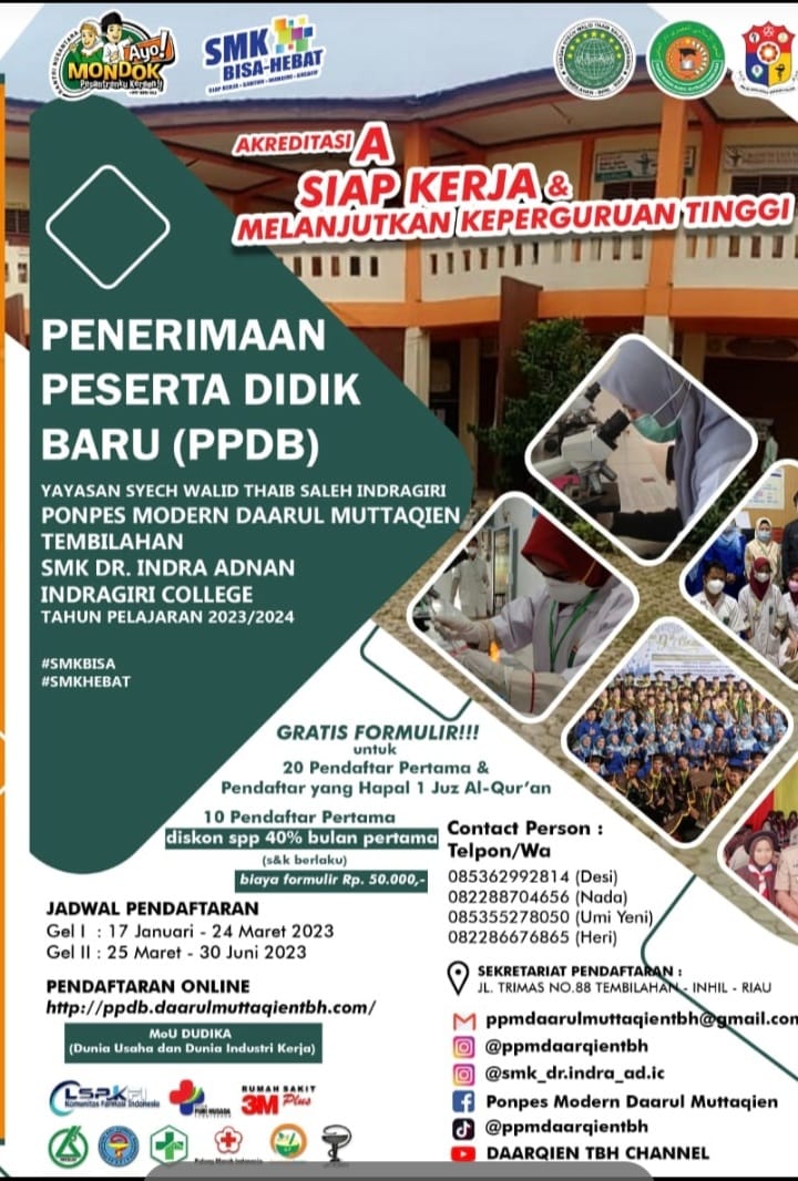 Gratis Formulir Bagi Penghapal Alquran 1 Juz, SMK DR Indra Adnan College Tembilahan 